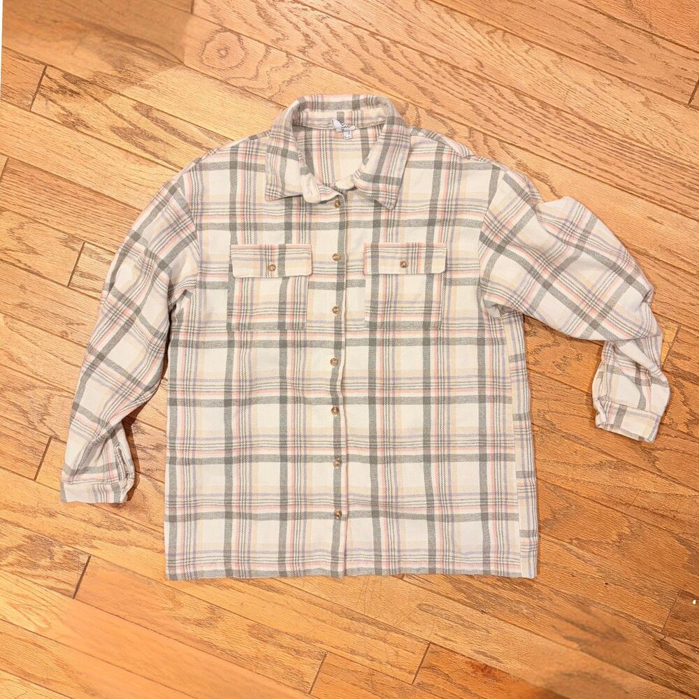 Princess Polly Light Pink Grey & Cream Plaid Flannel Button Up Shirt | 6 Small